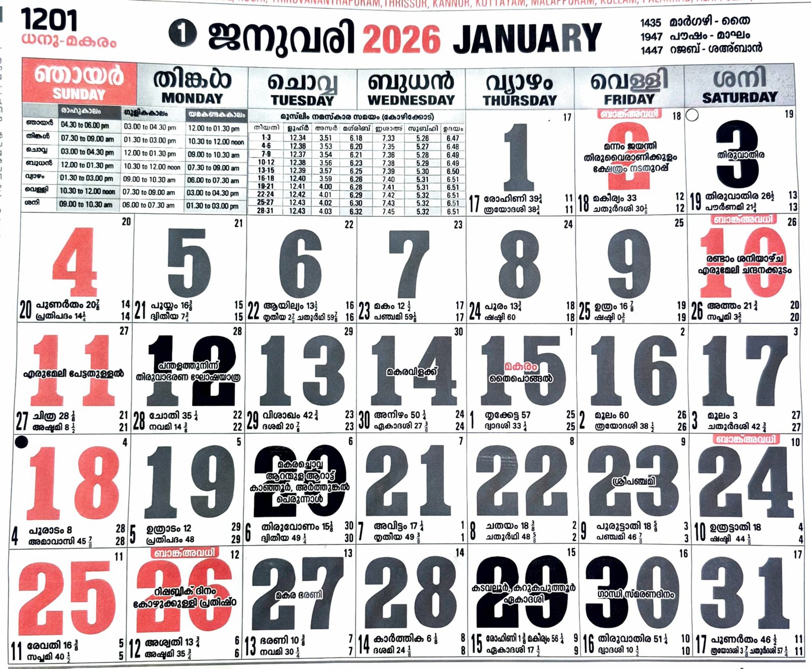 January 2026 Malayalam Calendar